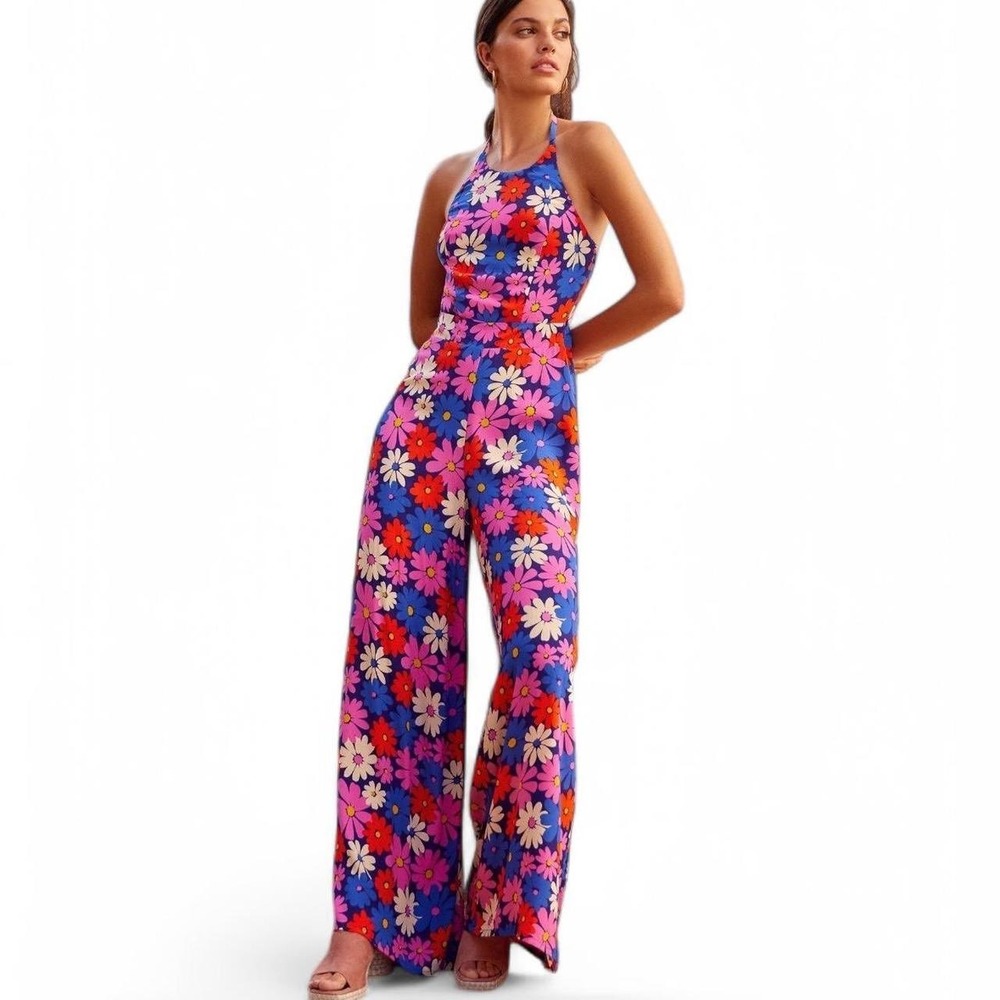 NWOT Mister Zimi Bold Mod Floral Halter Wide Leg Jumpsuit Women's UK Size 8 US 4